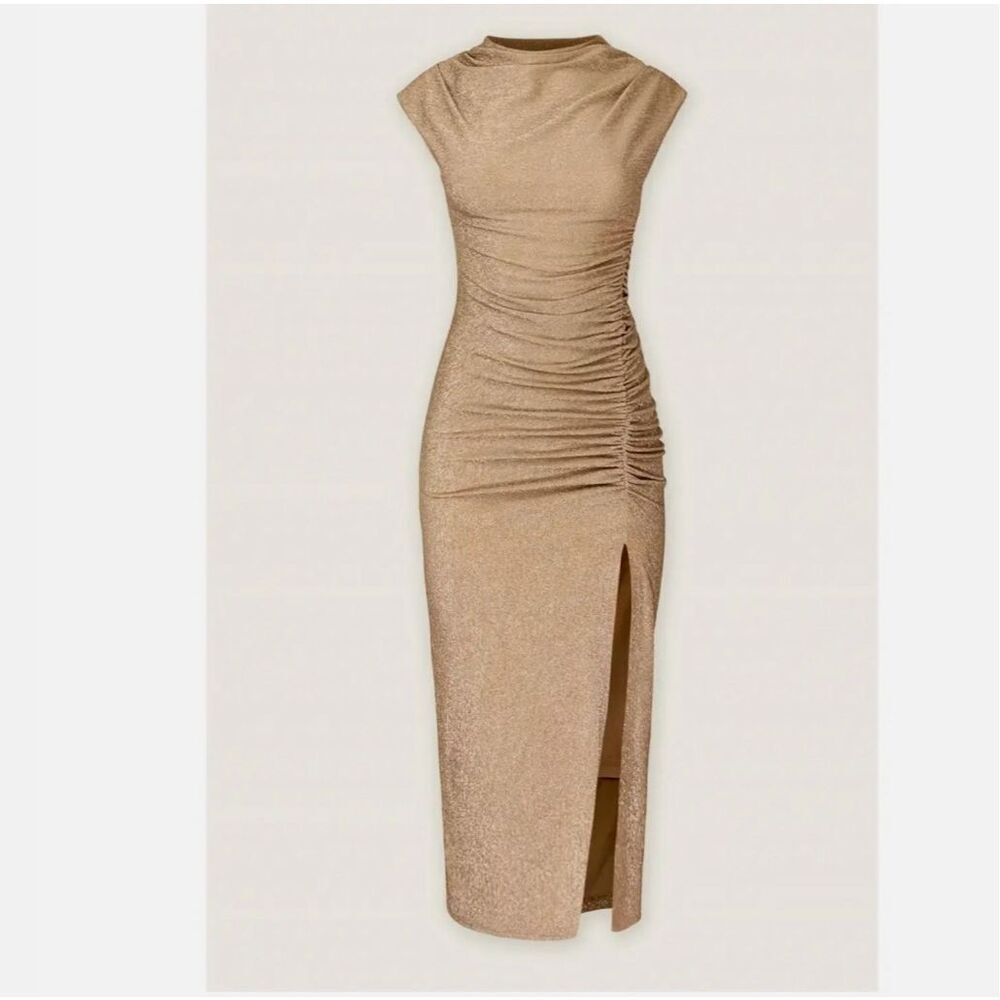 Dress Forum Tan Metallic Glitter High Neck Ruched Slit Bodycon Midi Dress Small